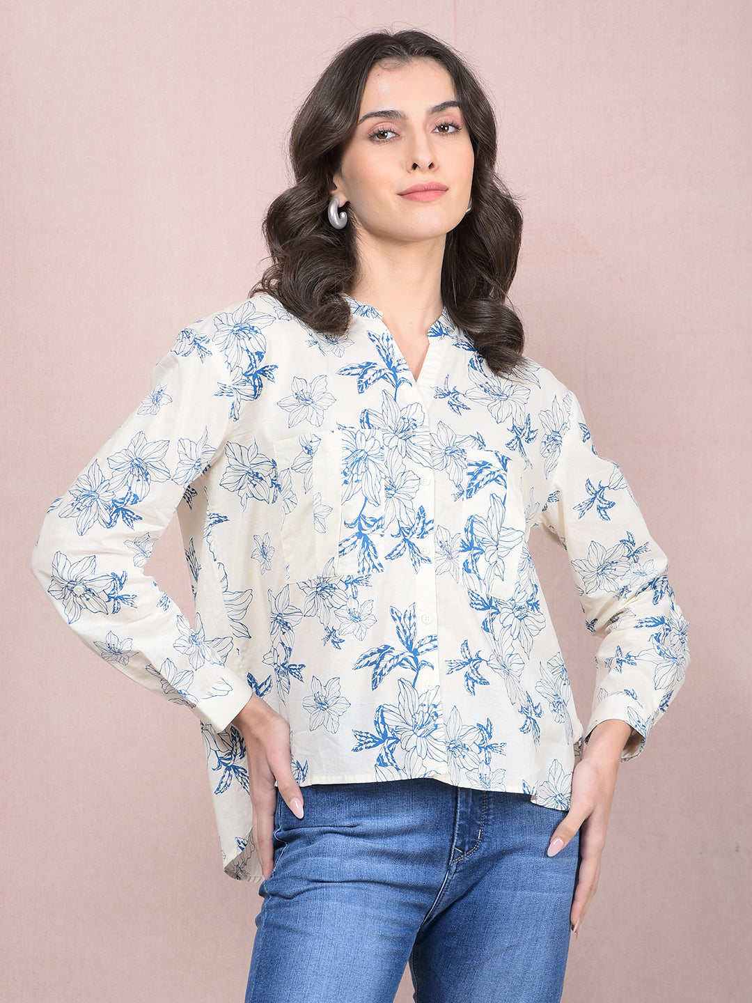 Blue Floral Print 100% Cotton V-Neck Shirt-Women Shirts-Crimsoune Club