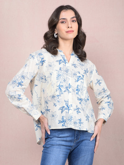 Blue Floral Print 100% Cotton V-Neck Shirt-Women Shirts-Crimsoune Club