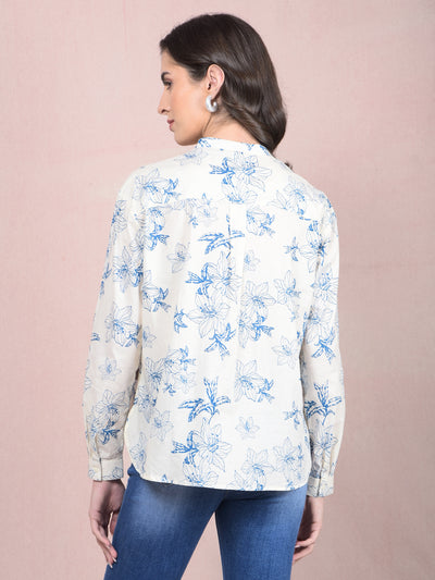 Blue Floral Print 100% Cotton V-Neck Shirt-Women Shirts-Crimsoune Club