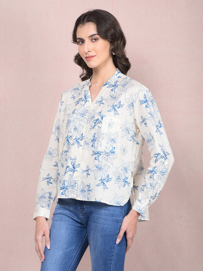 Blue Floral Print 100% Cotton V-Neck Shirt-Women Shirts-Crimsoune Club