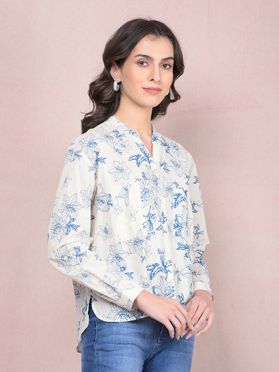 Blue Floral Print 100% Cotton V-Neck Shirt-Women Shirts-Crimsoune Club