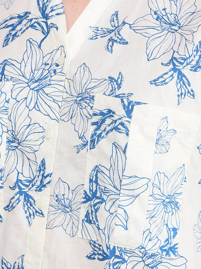 Blue Floral Print 100% Cotton V-Neck Shirt-Women Shirts-Crimsoune Club