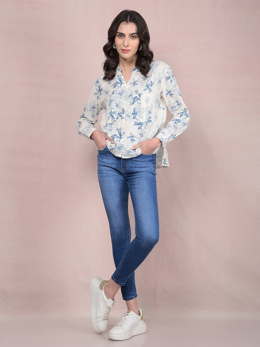 Blue Floral Print 100% Cotton V-Neck Shirt-Women Shirts-Crimsoune Club