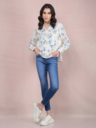 Blue Floral Print 100% Cotton V-Neck Shirt-Women Shirts-Crimsoune Club