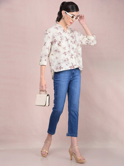Maroon Floral Print 100% Cotton V-Neck Shirt-Women Shirts-Crimsoune Club