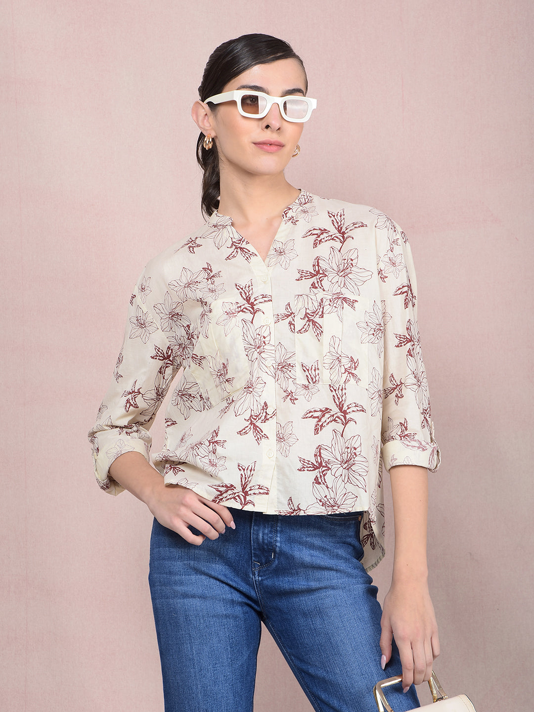 Maroon Floral Print 100% Cotton V-Neck Shirt-Women Shirts-Crimsoune Club