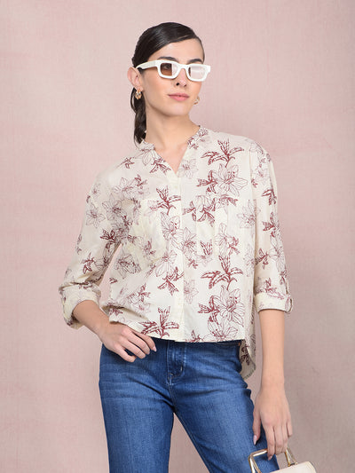 Maroon Floral Print 100% Cotton V-Neck Shirt-Women Shirts-Crimsoune Club