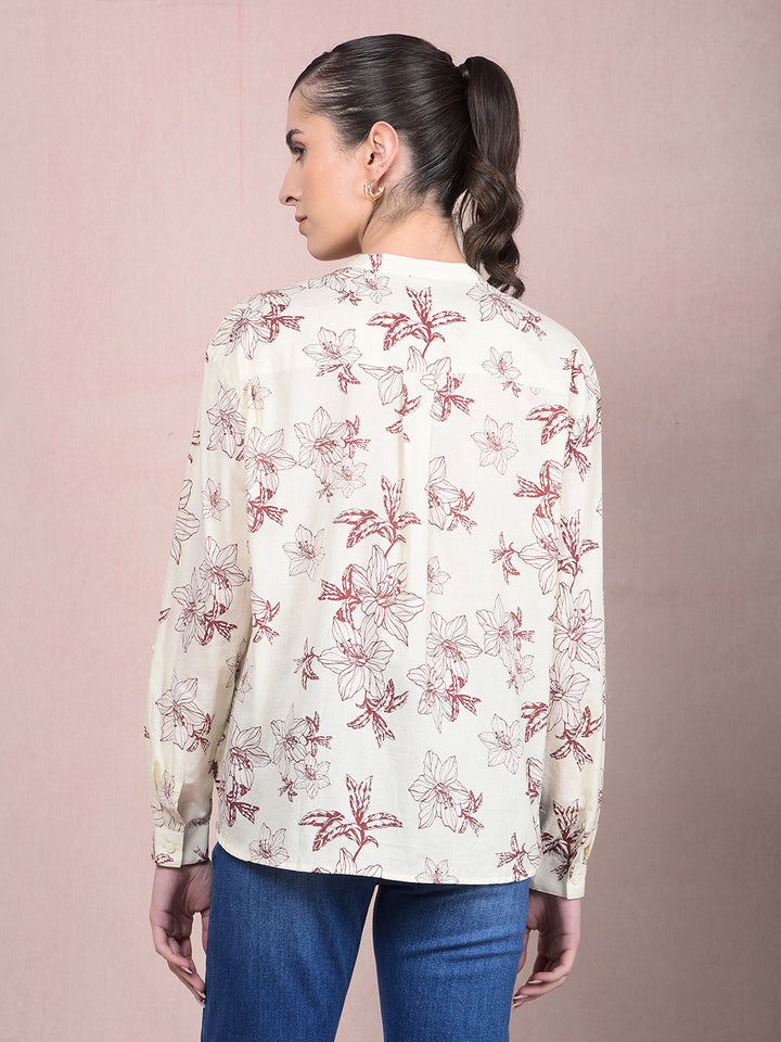 Maroon Floral Print 100% Cotton V-Neck Shirt-Women Shirts-Crimsoune Club