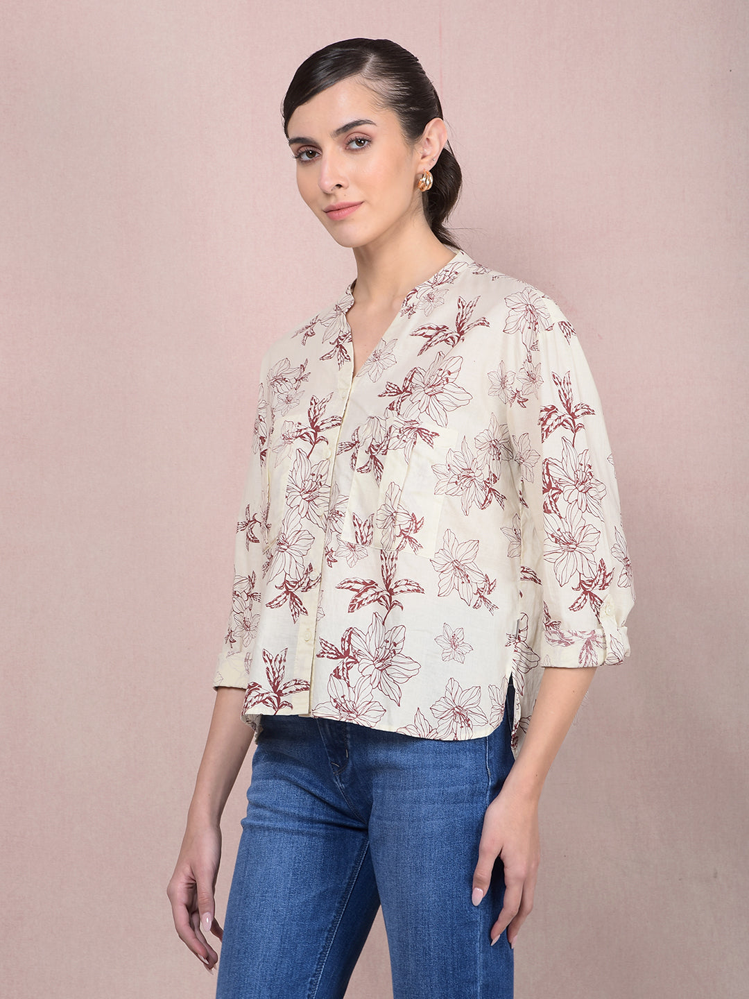 Maroon Floral Print 100% Cotton V-Neck Shirt-Women Shirts-Crimsoune Club