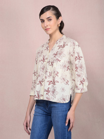 Maroon Floral Print 100% Cotton V-Neck Shirt-Women Shirts-Crimsoune Club
