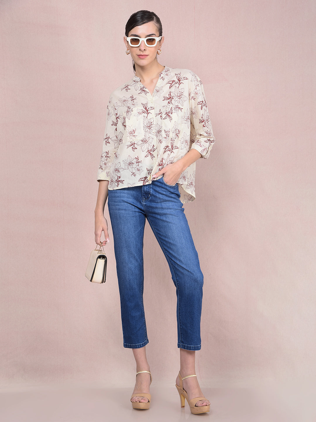 Maroon Floral Print 100% Cotton V-Neck Shirt-Women Shirts-Crimsoune Club