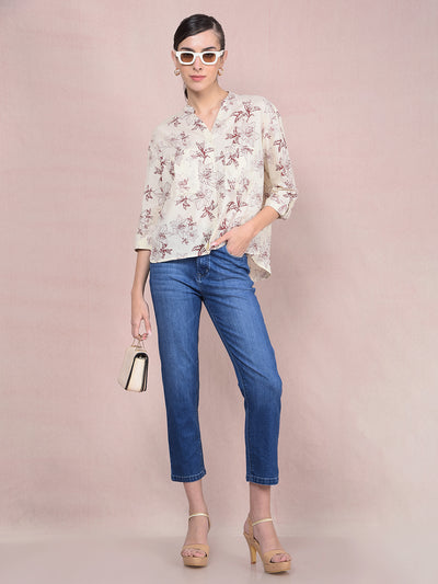 Maroon Floral Print 100% Cotton V-Neck Shirt-Women Shirts-Crimsoune Club