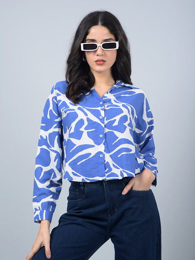Blue Printed Crop Shirt-Women Shirts-Crimsoune Club