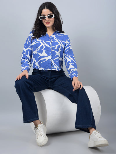 Blue Printed Crop Shirt-Women Shirts-Crimsoune Club