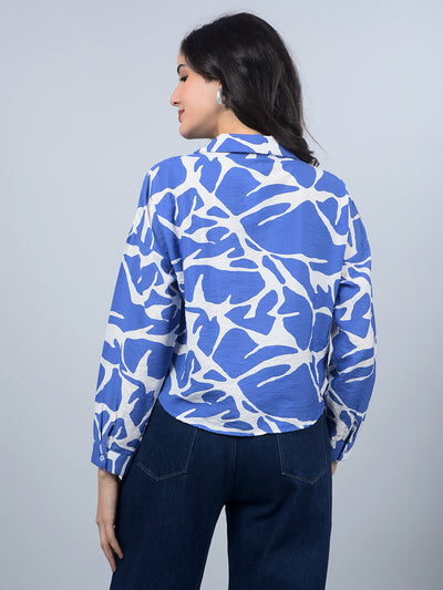 Blue Printed Crop Shirt-Women Shirts-Crimsoune Club