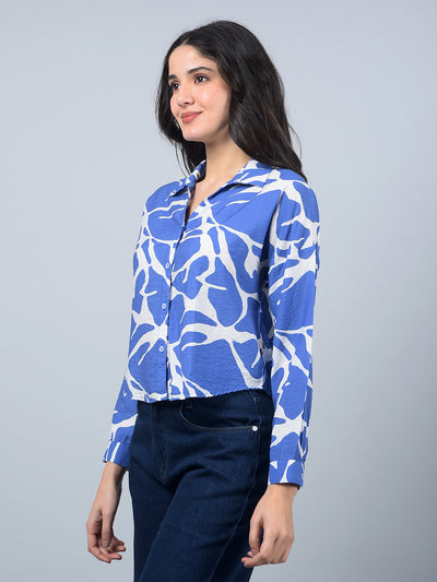 Blue Printed Crop Shirt-Women Shirts-Crimsoune Club