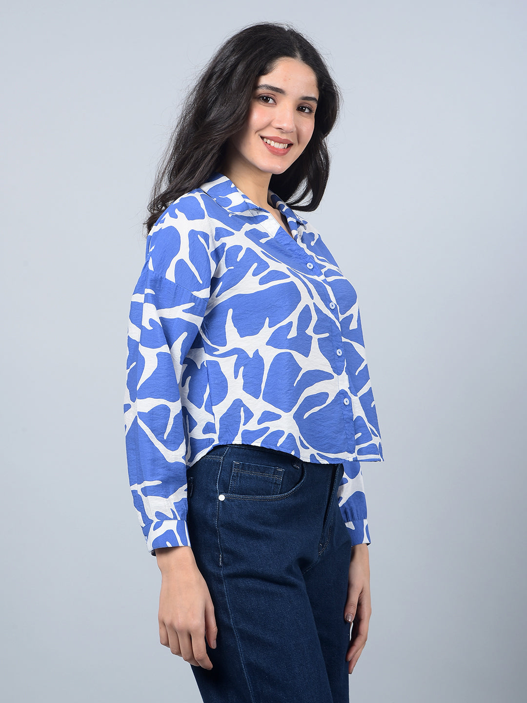 Blue Printed Crop Shirt-Women Shirts-Crimsoune Club