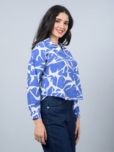 Blue Printed Crop Shirt-Women Shirts-Crimsoune Club