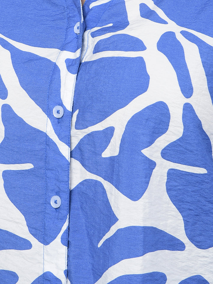 Blue Printed Crop Shirt-Women Shirts-Crimsoune Club