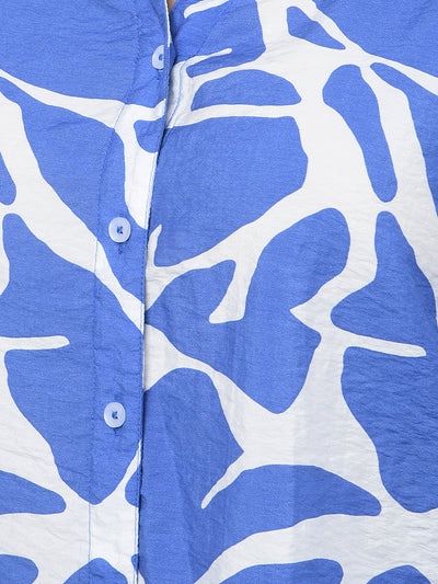 Blue Printed Crop Shirt-Women Shirts-Crimsoune Club