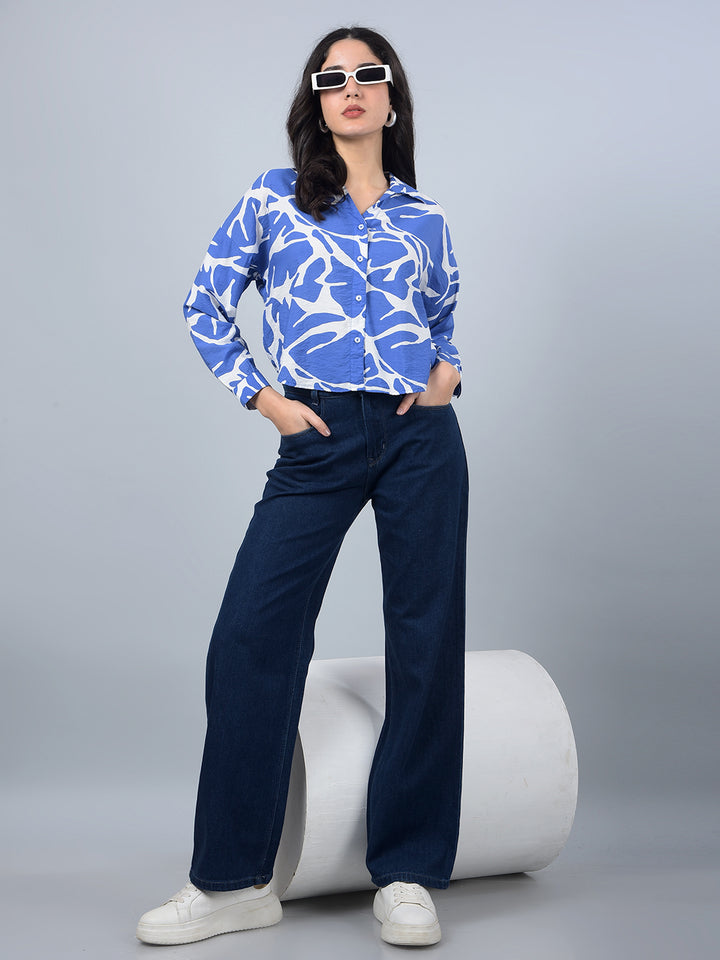 Blue Printed Crop Shirt-Women Shirts-Crimsoune Club