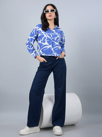 Blue Printed Crop Shirt-Women Shirts-Crimsoune Club