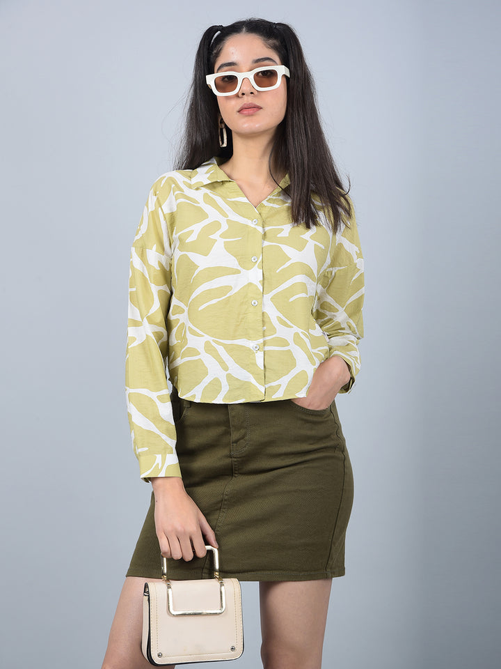 Olive Printed Crop Shirt-Women Shirts-Crimsoune Club