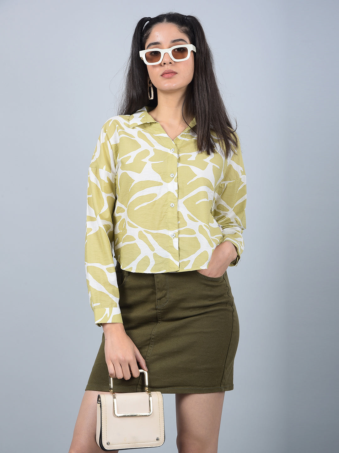 Olive Printed Crop Shirt-Women Shirts-Crimsoune Club