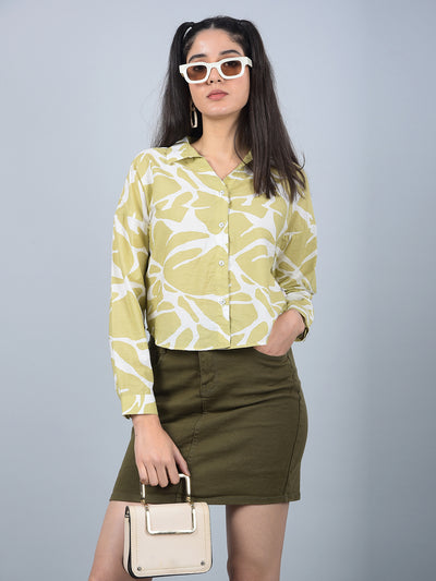 Olive Printed Crop Shirt-Women Shirts-Crimsoune Club