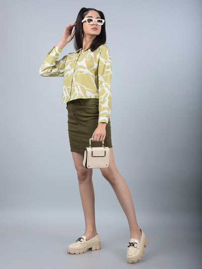 Olive Printed Crop Shirt-Women Shirts-Crimsoune Club