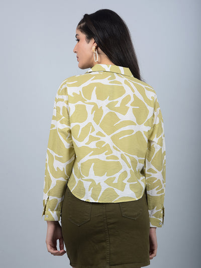 Olive Printed Crop Shirt-Women Shirts-Crimsoune Club