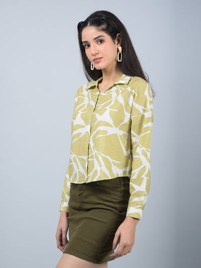 Olive Printed Crop Shirt-Women Shirts-Crimsoune Club