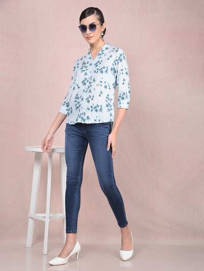 Blue Floral Print V-Neck Shirt-Women Shirts-Crimsoune Club