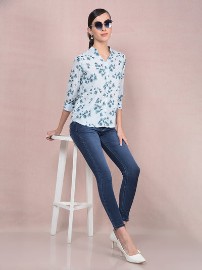 Blue Floral Print V-Neck Shirt-Women Shirts-Crimsoune Club