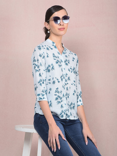 Blue Floral Print V-Neck Shirt-Women Shirts-Crimsoune Club