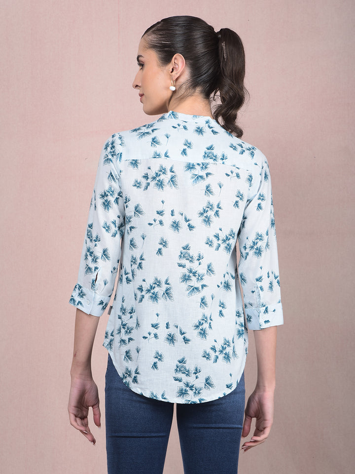 Blue Floral Print V-Neck Shirt-Women Shirts-Crimsoune Club