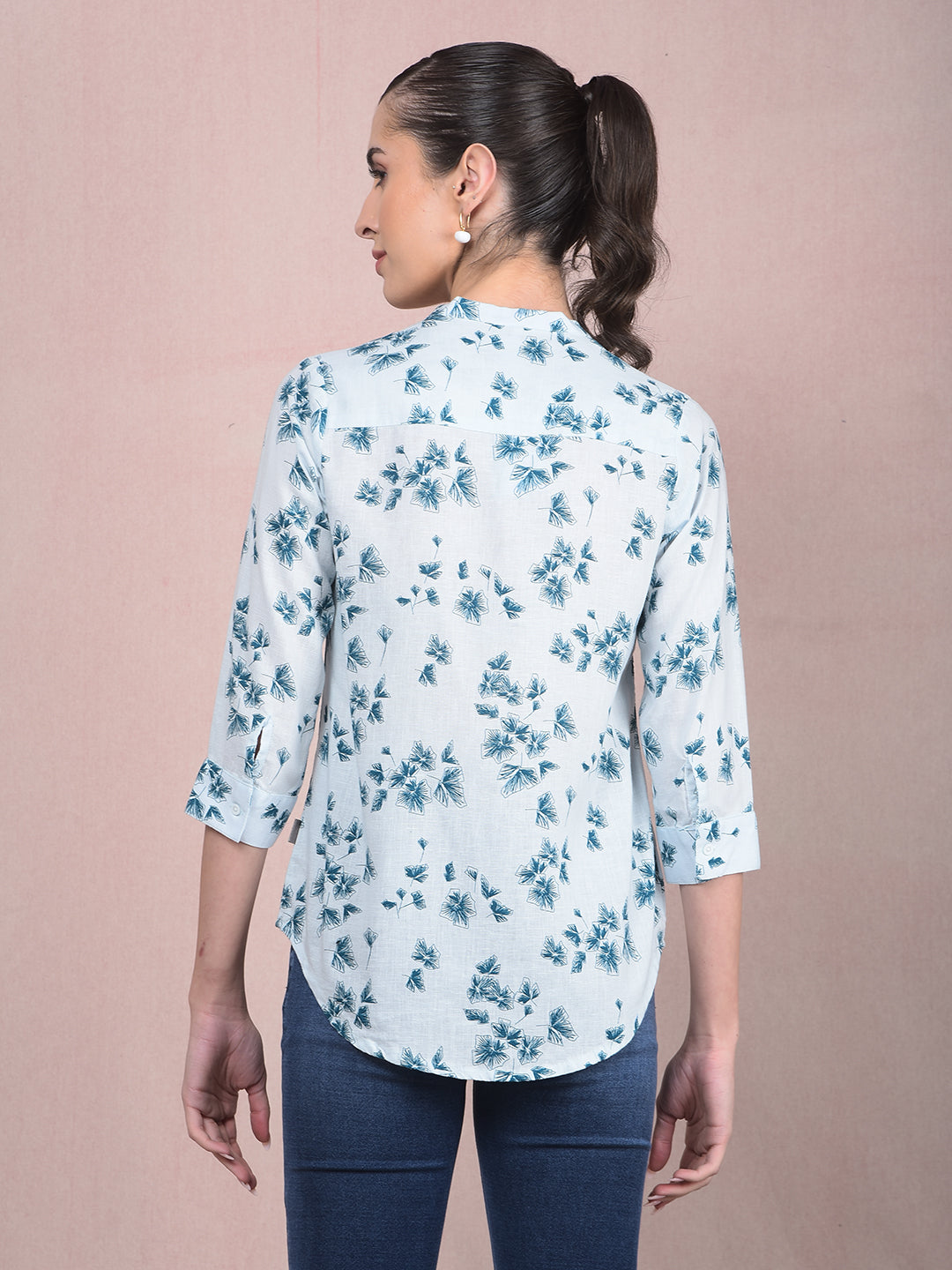 Blue Floral Print V-Neck Shirt-Women Shirts-Crimsoune Club