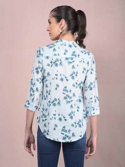Blue Floral Print V-Neck Shirt-Women Shirts-Crimsoune Club
