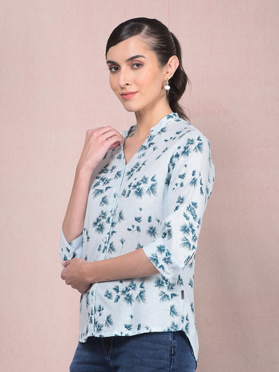 Blue Floral Print V-Neck Shirt-Women Shirts-Crimsoune Club