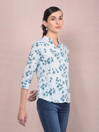 Blue Floral Print V-Neck Shirt-Women Shirts-Crimsoune Club