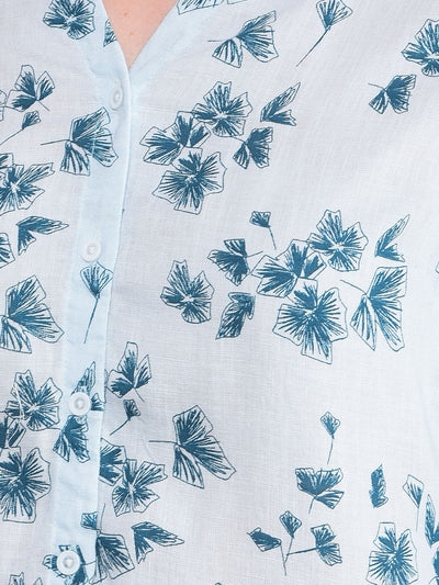 Blue Floral Print V-Neck Shirt-Women Shirts-Crimsoune Club