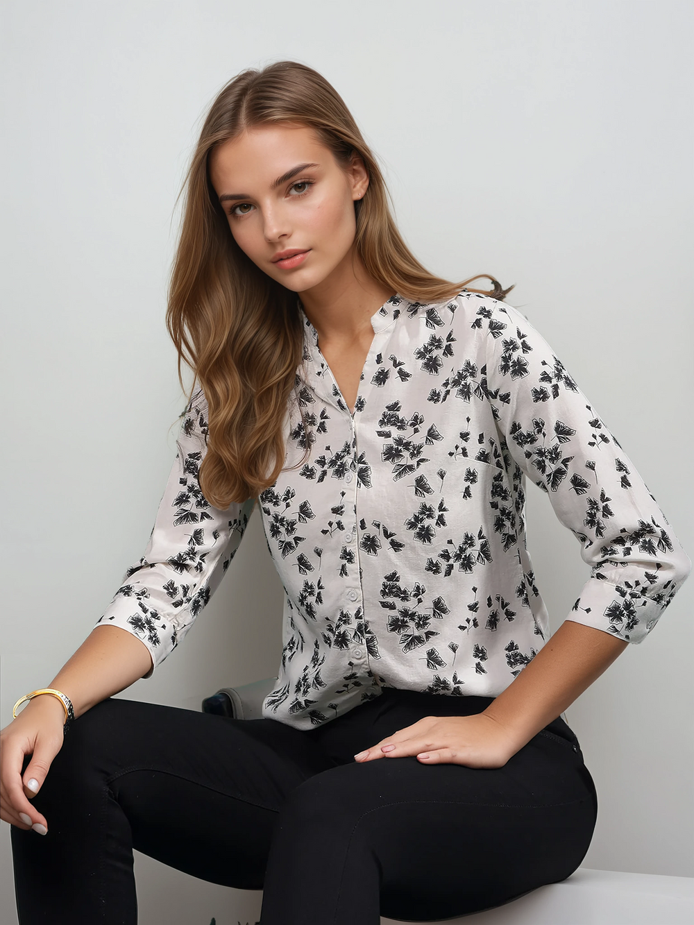 White Floral Print V-Neck Shirt-Women Shirts-Crimsoune Club