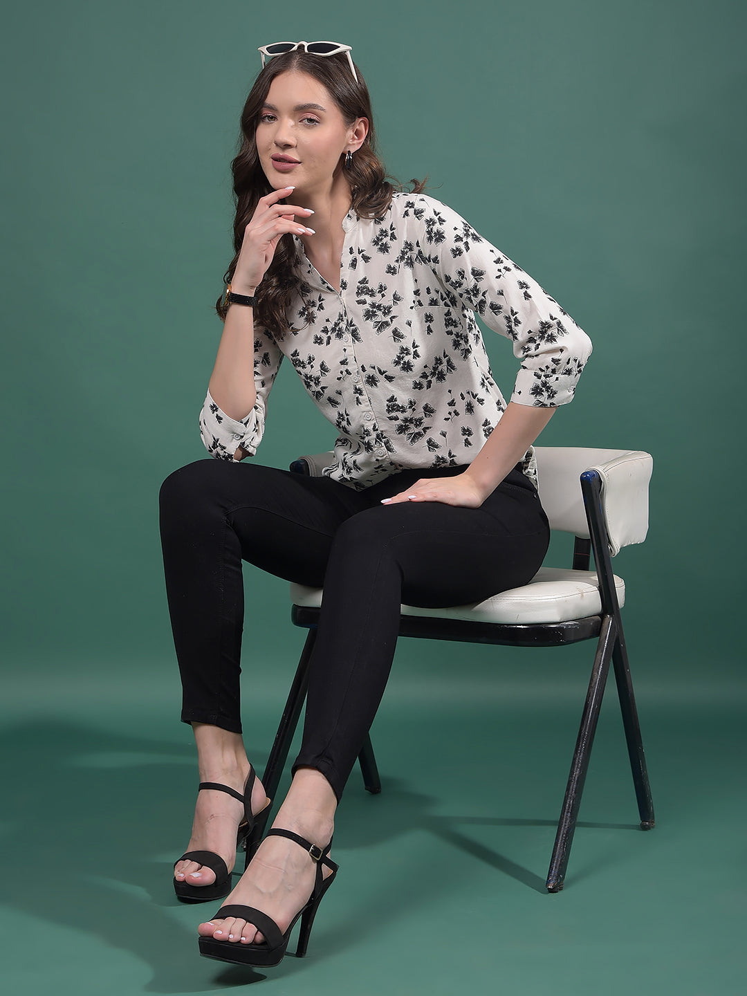 White Floral Print V-Neck Shirt-Women Shirts-Crimsoune Club