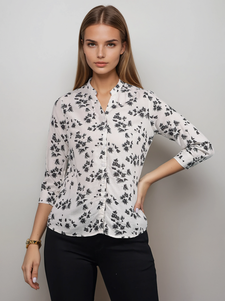 White Floral Print V-Neck Shirt-Women Shirts-Crimsoune Club