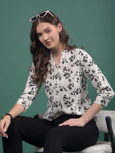 White Floral Print V-Neck Shirt-Women Shirts-Crimsoune Club