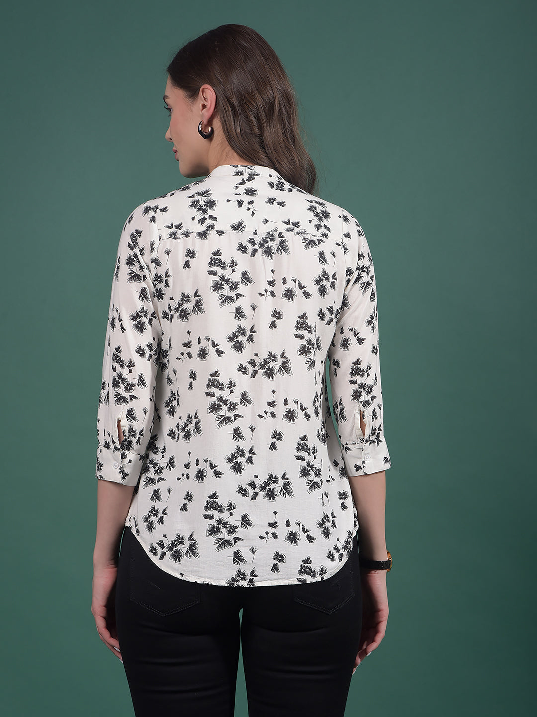 White Floral Print V-Neck Shirt-Women Shirts-Crimsoune Club