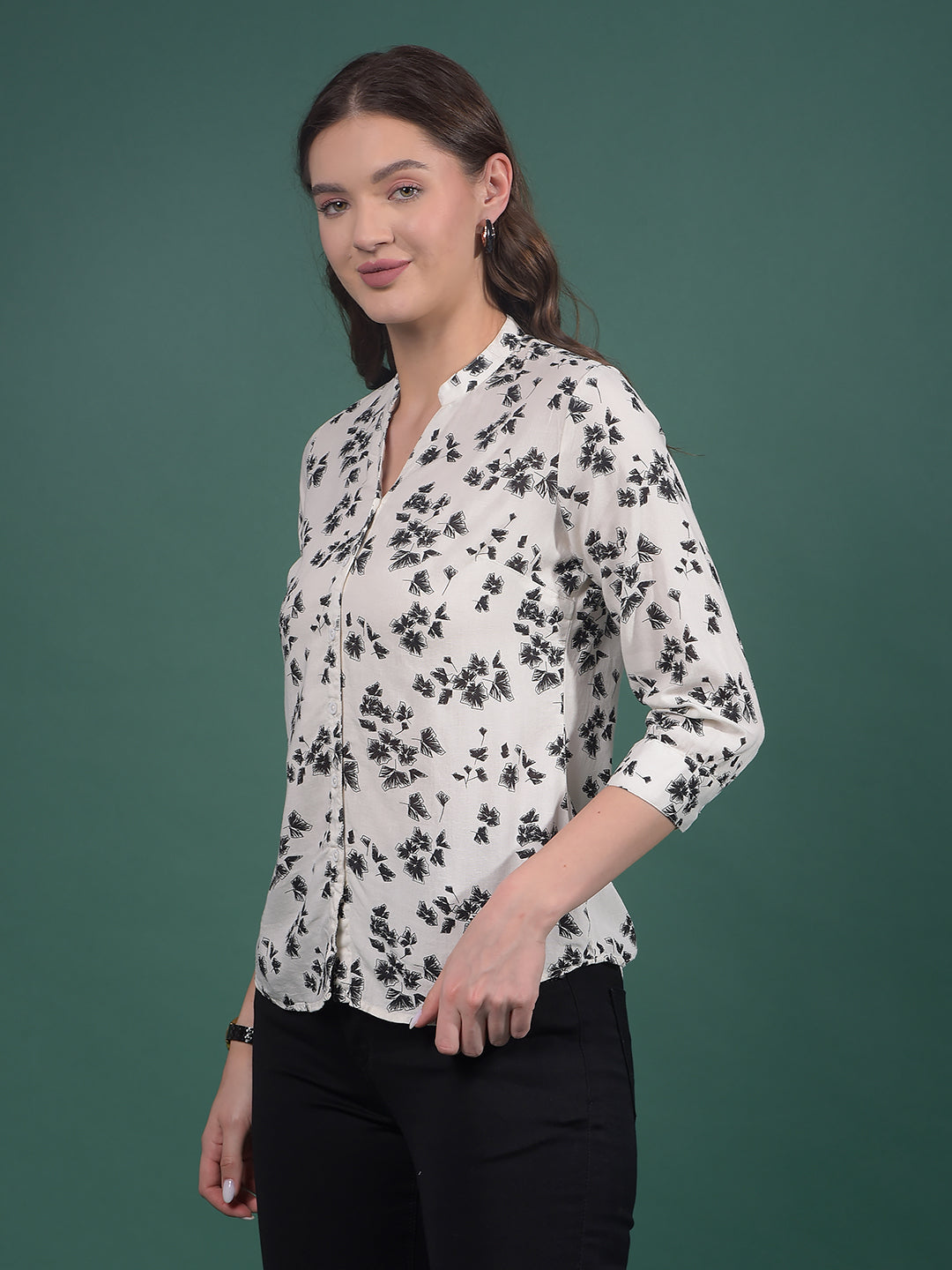 White Floral Print V-Neck Shirt-Women Shirts-Crimsoune Club