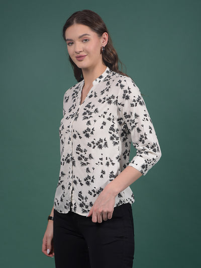 White Floral Print V-Neck Shirt-Women Shirts-Crimsoune Club
