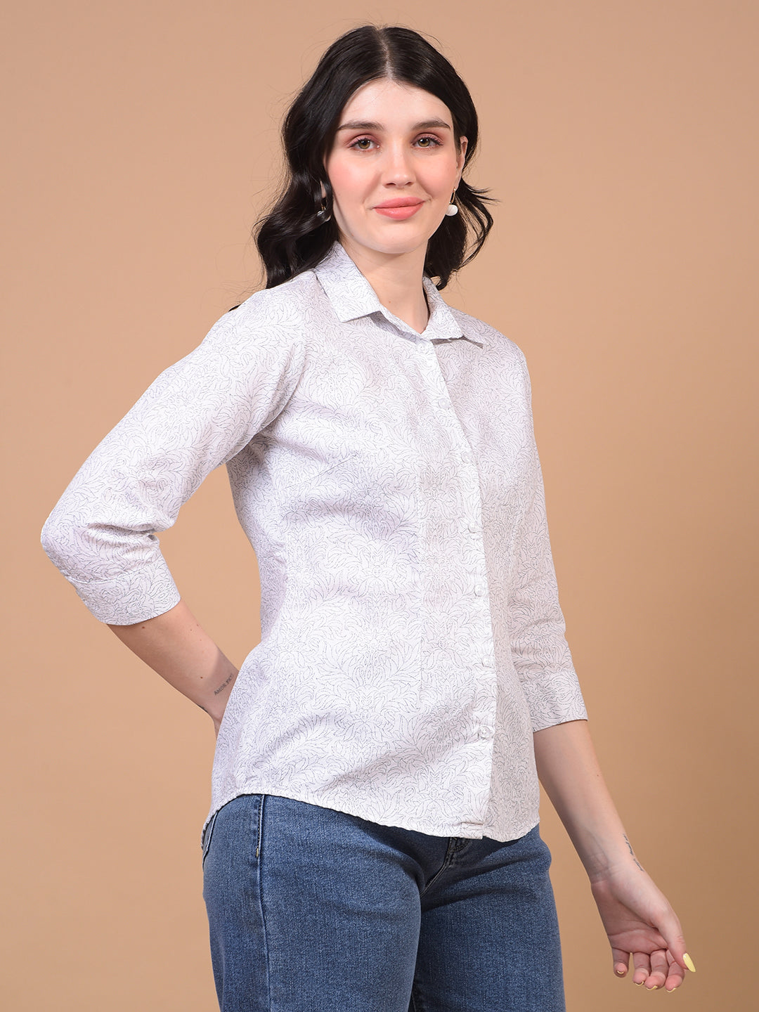 Women's White Floral Print Shirt-Women Shirts-Crimsoune Club
