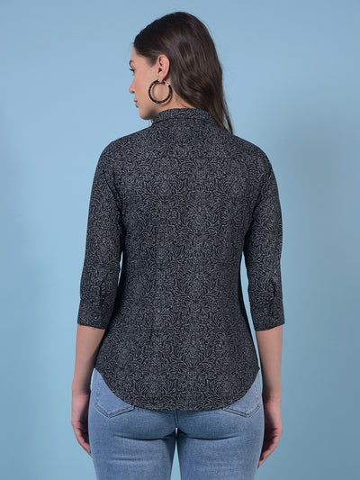 Women's Black Floral Print Shirt-Women Shirts-Crimsoune Club